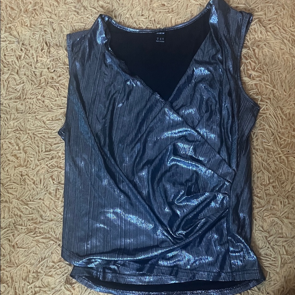 SHEIN Shimmering Silver Wrap Blouse